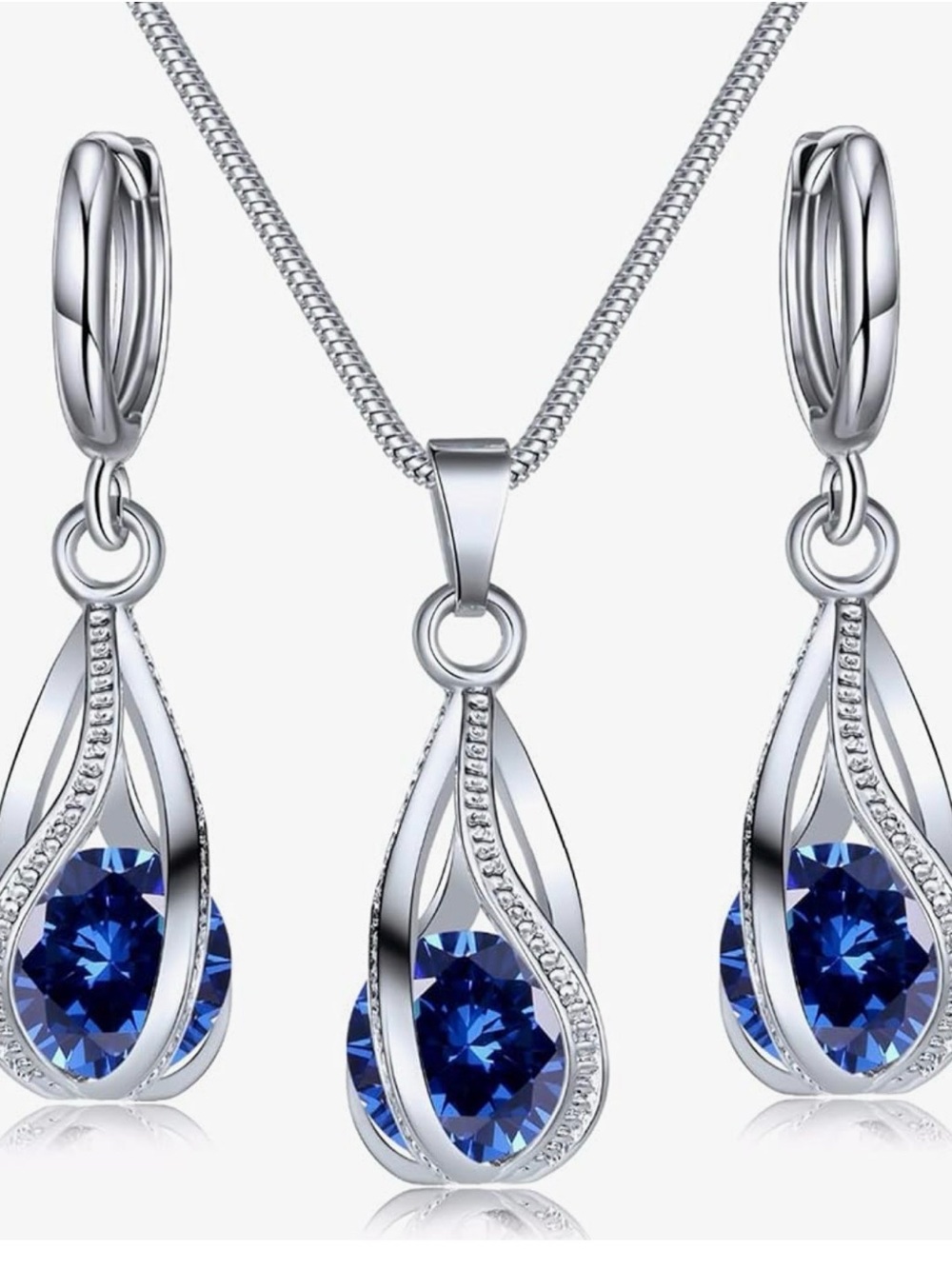 Silver Teardrop Necklace and Earring Set with Sapphire-Blue Stones